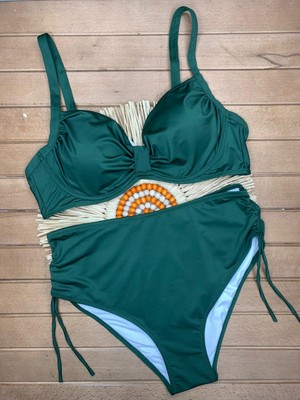 Xorvio Kadın Koyu Yeşil Likralı Esnek Şık Rahat Büyük Beden Telli Balenli Toparlayıcı Yüksek Bel Bikini Takım