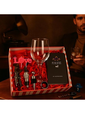 Premium Kutulu Şarap Kadeh Bardağı Tirbüşon Seti Mum Şarap Tadım Defteri Yılbaşı Hediyesi