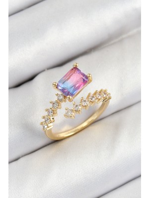 Pirinç Zirkon Taşlı Renkli Model Gold Renk Kadın Yüzük - TJ-BYK3799
