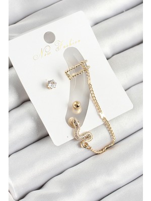 Pirinç Yılan Figürlü Zirkon Taşlı Gold Renk 3'lü Kıkırdak Kadın Küpe Set - TJ-BKP10664