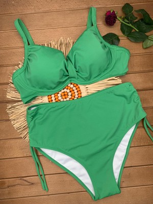Xorvio Kadın Yeşil Likralı Esnek Şık Rahat Büyük Beden Telli Balenli Toparlayıcı Yüksek Bel Bikini Takım