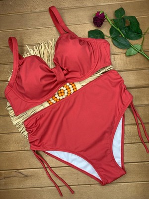 Xorvio Kadın Koyu Bordo Likralı Esnek Şık Rahat Büyük Beden Telli Balenli Toparlayıcı Yüksek Bel Bikini Takım