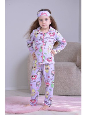 Pjkö Labubu Desenli Lila Uzun Kollu Önden Düğmeli Kız Çocuk Pijama Takımı 4-12 Yaş 503U