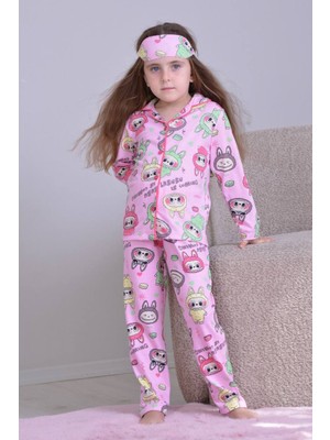 Pjkö Labubu Desenli Pembe Uzun Kollu Önden Düğmeli Kız Çocuk Pijama Takımı 4-12 Yaş 502U