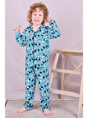 Pjkö M.mause Desenli Mavi Uzun Kollu Önden Düğmeli Erkek Çocuk Pijama Takımı 4-12 Yaş 544U
