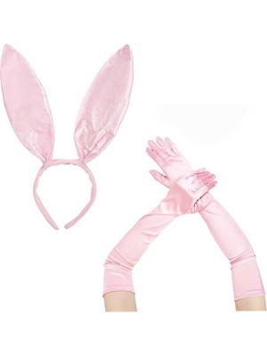 Saten Kaplama Soft Pembe Eldiven 40 cm ve Tavşan Kulak 2 Li Set