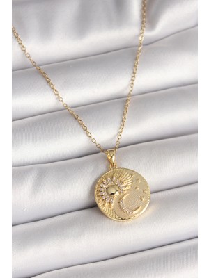 316L Çelik Gold Renk Zincir Zirkon Taşlı Ay Güneş Işlemeli Madalyon Model Kadın Kolye - TJ-BKO9958