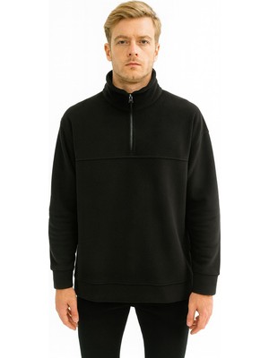 Unisex Relax Fit Rahat Kesim Polar Yarım Fermuarlı Dik Yaka Sweatshirt - 7387