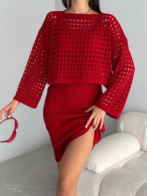 Gökyüzü Moda Kadın Delikli Kazak Askılı Elbise Triko Kumaş Ikili Takım