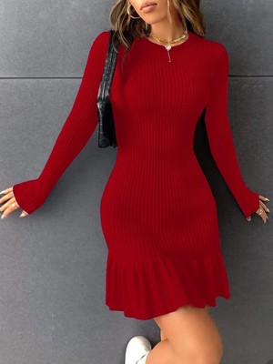 Ahes Shopping Kadın Bisiklet Yaka Uzun Kol Etek Ucu Fırfırlı Triko (Polyenit) Mini Boy Elbise