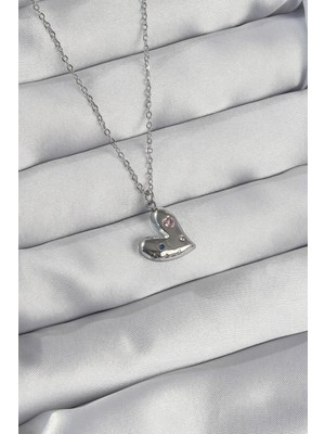 316L Çelik Zincir Gümüş Renk Renkli Zirkon Taşlı Kalp Kolye - TJ-BKO8906
