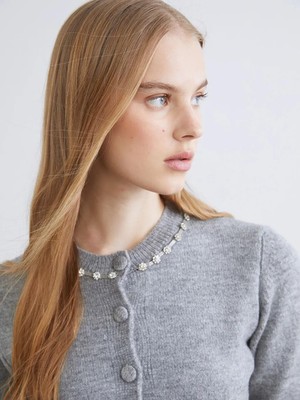 Bisiklet Yaka Taşlı Kadın Triko Hırka  (W5)