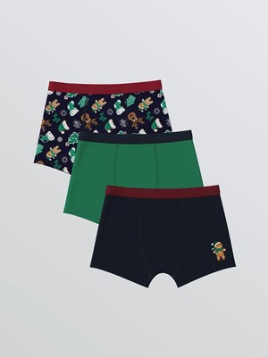 LC Waikiki Yılbaşı Temalı Erkek Çocuk Boxer 3'lü Set Navy Ve Yeşil Renklerde Yüksek Pamuk İçerir