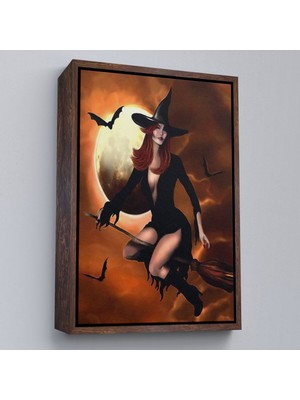 Çerçeveli Süpürge Ile Uçan Cadı, Cadılar Bayramı Helloven Duvar Tablosu -6086