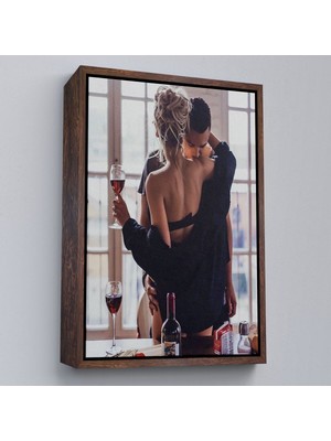 Çerçeveli Kırmızı Şarap Içen Sevgililer Dekoratif Duvar TABLOSU-6158