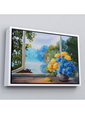 Çerçeveli Pencere Kenarıdaki Çiçek Buketi Kanvas Duvar TABLOSU-3453