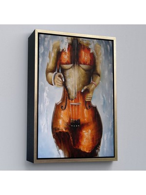Çerçeveli Violin Kadın Kanvas Duvar Tablosu, Kadın Keman Sanatı, Suluboya TUVAL-5229