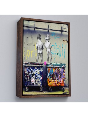 Çerçeveli Bansky Çöp Kutusuna Işeyen Çocuklar Kanvas Tablosu / Hayat KISA-5115