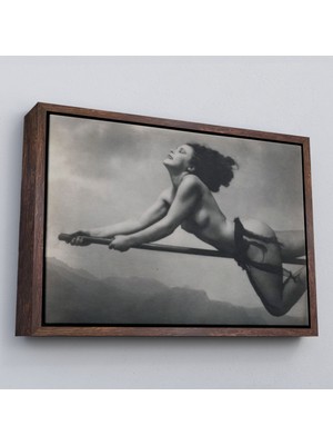 Çerçeveli Süpürgeye Binen Çıplak Cadı Tablo, Cadılar Bayramı Gotik Tablo, William MORTENSEN-5395