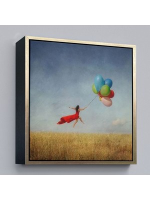Çerçeveli Renkli Balonlarla Uçan Kız Kanvas TABLO-5855