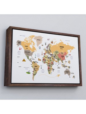 Çerçeveli Dünya Haritası Dekoratif Kanvas Tablo Ülke ve Başkentli Öğretici ve SEMBOLLÜ-2303