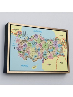 Çerçeveli Türkiye Haritası Kanvas Tablo Il ve Ilçeli Ayrıntılı Eğitici Komşulu TABLO-3016