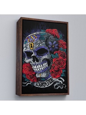 Çerçeveli Renkli Çiçeklerle Kafatası Posteri, Şeker Kafatası Sanatsal Kanvas TABLO-5256