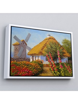 Çerçeveli Köy Evi Manzarası Yağlıboya Görünüm Dekoratif Kanvas Duvar TABLOSU-3654