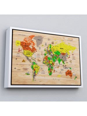 Çerçeveli Ahşap Görünümlü Türkçe Dünya Haritası Sembollü Eğitici Dekoratif Kanvas TABLO-2893