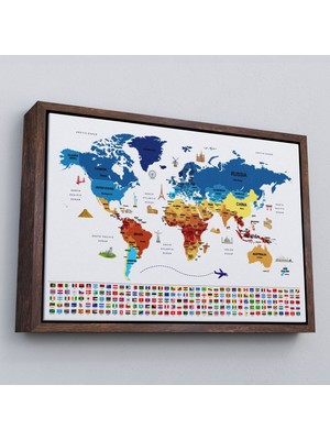 Çerçeveli Dünya Haritası Ülke Bayraklı ve Başkentli Kanvas TABLO-1899