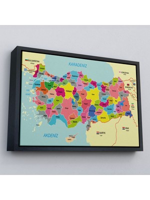 Çerçeveli Türkiye Haritası Kanvas Tablo Sınır Komşulu Eğitici Dekoratif TABLO-3080