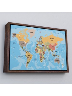 Çerçeveli Dünya Haritası Ülke Başkentli Okyanuslu ve Dekoratif Kanvas TABLO-2229