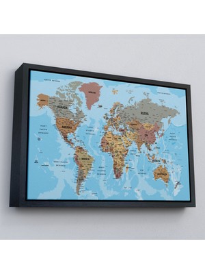 Çerçeveli Dünya Haritası Türkçe Kanvas Tablo Ayrıntılı DEKORATIF-OKYANUSLU-2182