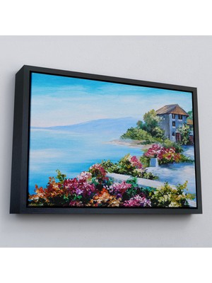 Çerçeveli Rengarenk Çiçekler Arasındaki Deniz Manzaralı Ev Duvar TABLOSU-3633