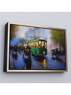Çerçeveli Eski Tramvay Retro Yağlıboya Görünüm Dekoratif Kanvas Duvar TABLOSU-3574