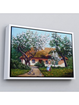 Çerçeveli Ilkbahar Köy Evi Yağlıboya Görünüm Dekoratif Kanvas Duvar TABLOSU-3514