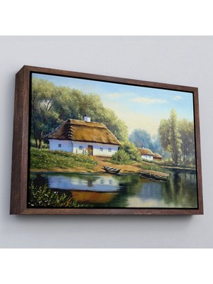 Çerçeveli Göl Manzaralı Köy Evi Yağlıboya Görünüm Dekoratif Kanvas Duvar TABLOSU-3510