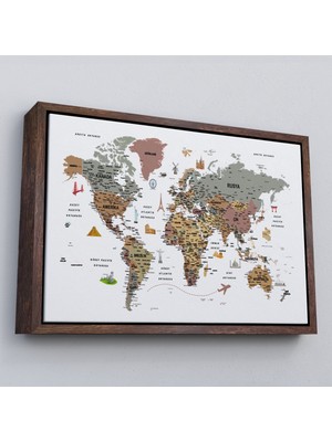 Çerçeveli Türkçe Dünya Haritası Son Derece Ayrıntılı Eğitici ve Sembollü Kanvas TABLO-3226