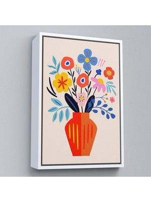 Çerçeveli Minimalist Çiçek Mavi Vazoda Renkli Buket TABLOSU-7668