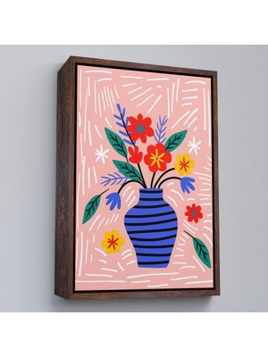 Çerçeveli Minimalist Çiçek Mavi Vazoda Renkli Buket TABLOSU-7662