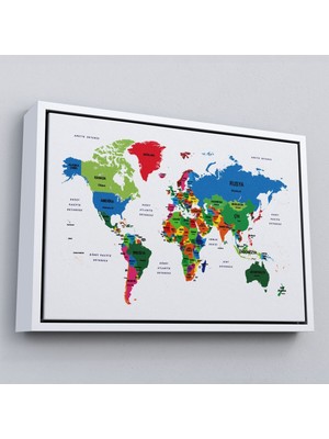 Çerçeveli Türkçe Dünya Haritası Dekoratif Kanvas Tablo Ülke ve BAŞKENTLI-1556