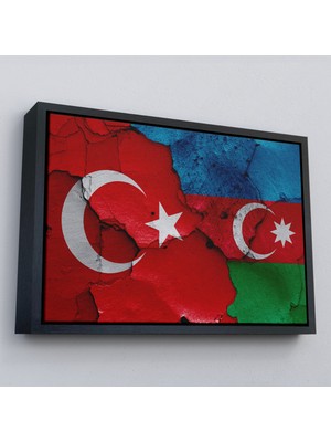 Çerçeveli Türkiye Azerbaycan Bayrak Desenli Dekoratif Kanvas TABLO-6516