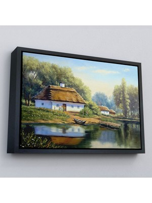 Çerçeveli Göl Manzaralı Köy Evi Yağlıboya Görünüm Dekoratif Kanvas Duvar TABLOSU-3510