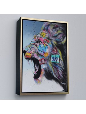 Çerçeveli Renkli Kükreyen Aslan Kanvas Tablo, Pop Art, Sokak SANATI-5316