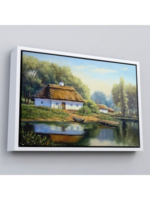 Çerçeveli Göl Manzaralı Köy Evi Yağlıboya Görünüm Dekoratif Kanvas Duvar TABLOSU-3510