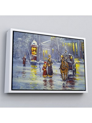 Çerçeveli Eski Şehir ve At Arabası Yağlıboya Görünüm Dekoratif Kanvas Duvar TABLOSU-3573