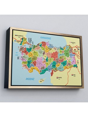 Çerçeveli Türkiye Haritası Kanvas Tablo Il ve Ilçeli Ayrıntılı Eğitici Komşulu TABLO-3012