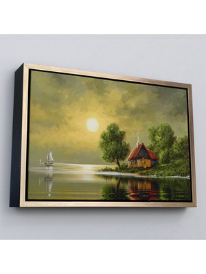 Çerçeveli Göl Kenarındaki Köy Evi Yağlıboya Görünüm Dekoratif Kanvas Duvar TABLOSU-3592