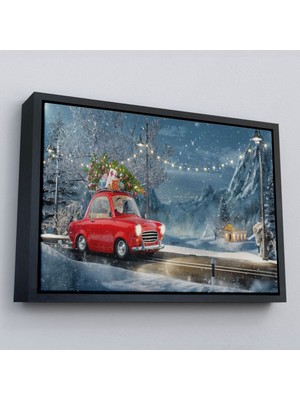 Çerçeveli Noel Baba ve Küçük Kırmızı Retro Arabası Kanvas Duvar TABLOSU-3752