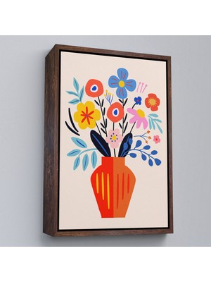 Çerçeveli Minimalist Çiçek Mavi Vazoda Renkli Buket TABLOSU-7668